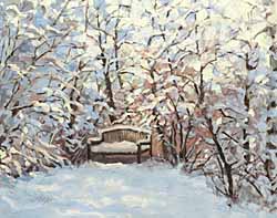 bench in snow painting