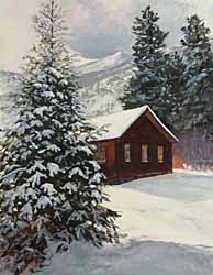 colorado landscape, snow landscape, pine tree, colorado artist, cabin painitng in snow