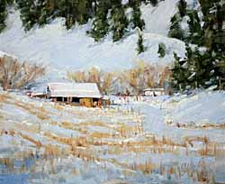 cabin in snow painting small