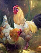 roosters chickens oil painitng vertical colorado